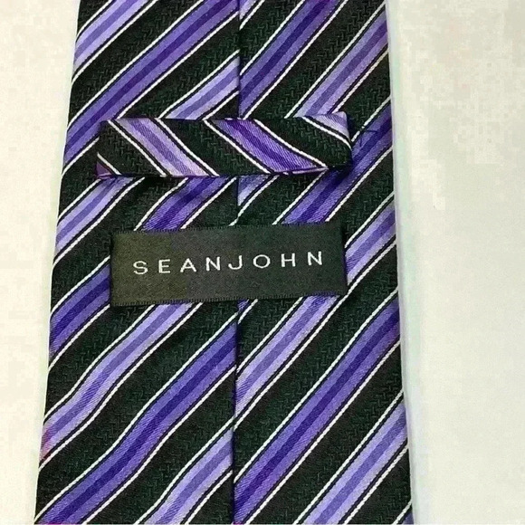 SEAN JOHN Mens Necktie Purple Black & Silver Striped 100% Silk Tie Classic Width - Picture 3 of 6